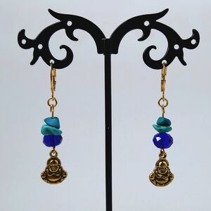 Stunning Handmade Blue Gradient Gold Buddha Dangling Earrings